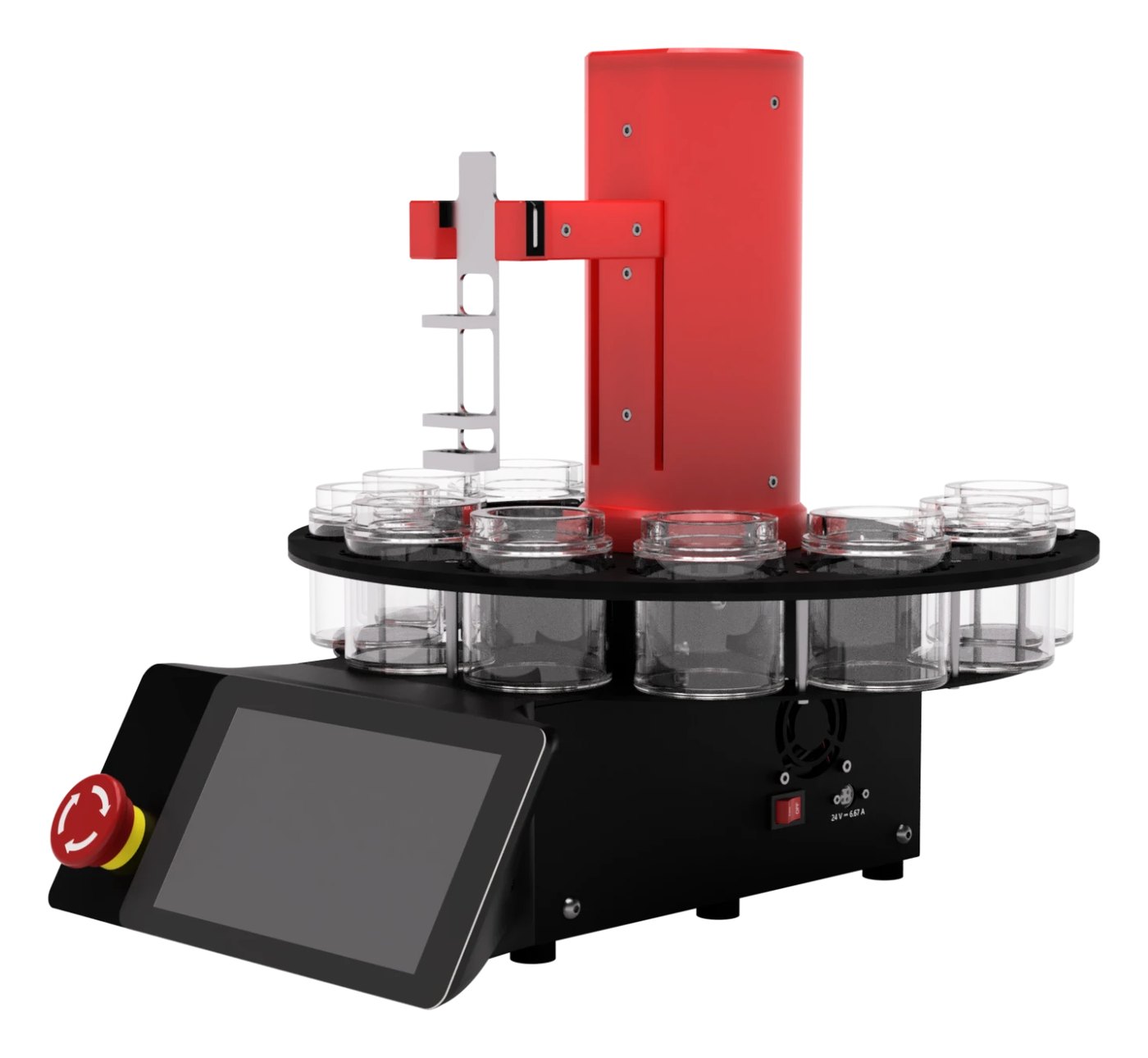 GyroStainer: a red rotating arm above a ring of glass staining baths, on a black base with a touchscreen and an emergency stop button.